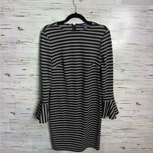 Chaps Dresses & Skirts - Chaps Black and White Striped Midi Dress size 6 bell sleeves